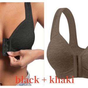 Premium Front Closure Wire-free Comfort Bra - Full Coverage Support for All-Day Wear, Easy Hook-and-Eye Design, Breathable Fabric (2-Pack) - Black Khaki