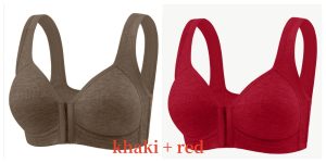Premium Front Closure Wire-free Comfort Bra - Full Coverage Support for All-Day Wear, Easy Hook-and-Eye Design, Breathable Fabric (2-Pack) - Khaki Red