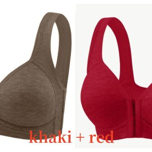 Premium Front Closure Wire-free Comfort Bra - Full Coverage Support for All-Day Wear, Easy Hook-and-Eye Design, Breathable Fabric (2-Pack) - Khaki Red