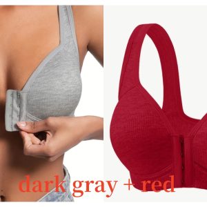 Premium Front Closure Wire-free Comfort Bra - Full Coverage Support for All-Day Wear, Easy Hook-and-Eye Design, Breathable Fabric (2-Pack) - Dark Gray Red