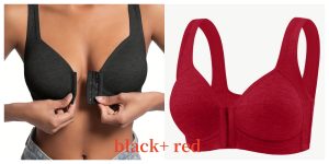 Premium Front Closure Wire-free Comfort Bra - Full Coverage Support for All-Day Wear, Easy Hook-and-Eye Design, Breathable Fabric (2-Pack) - Black Red