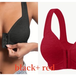 Premium Front Closure Wire-free Comfort Bra - Full Coverage Support for All-Day Wear, Easy Hook-and-Eye Design, Breathable Fabric (2-Pack) - Black Red