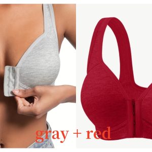 Premium Front Closure Wire-free Comfort Bra - Full Coverage Support for All-Day Wear, Easy Hook-and-Eye Design, Breathable Fabric (2-Pack) - Gray Red